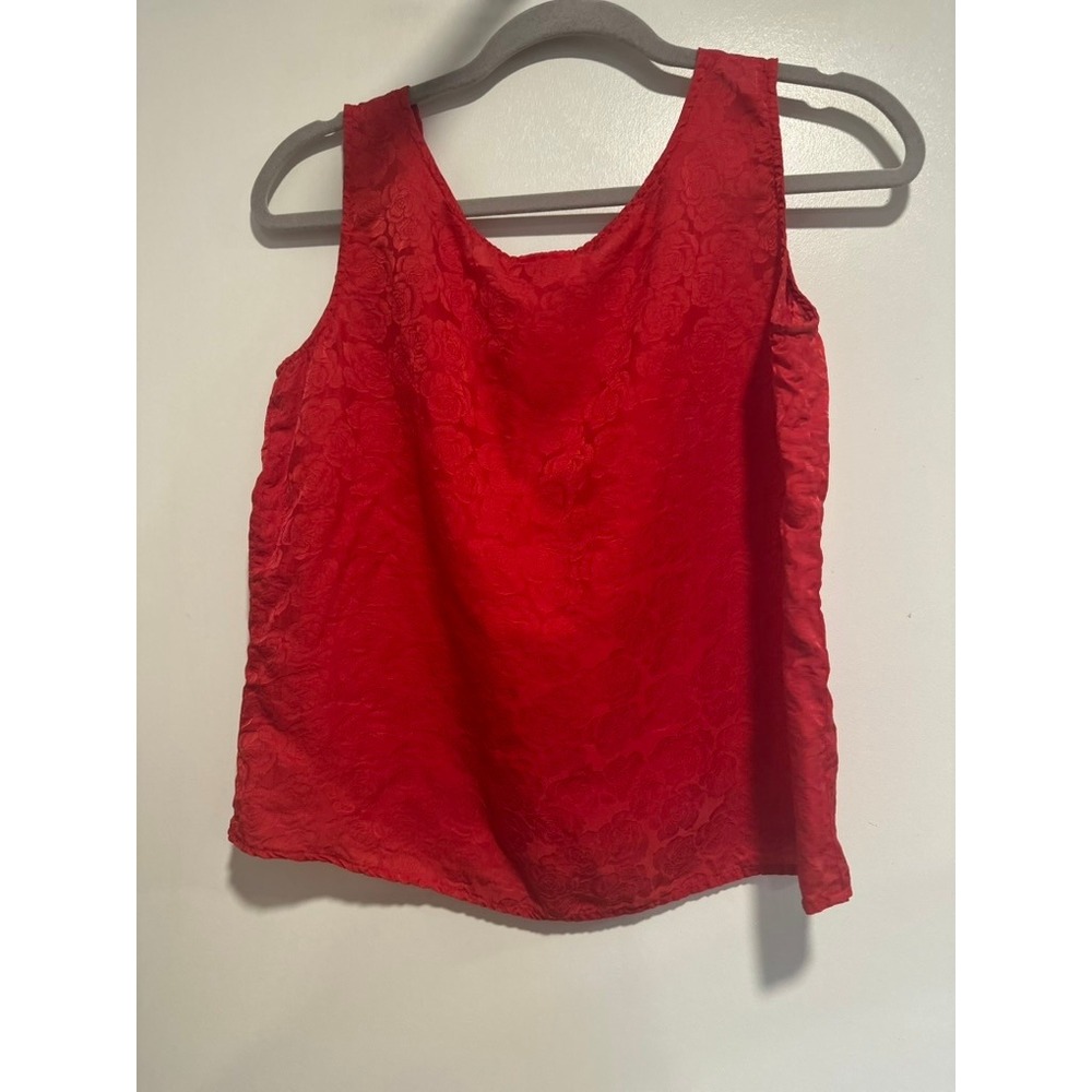 VTG Silx 100% Silk Tank Top Sz:M Coquette Rose Floral Jacquard Red Sleeveless